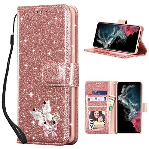 UEEBAI Klapphülle für Samsung Galaxy S24/S25 5G, PU Lederhülle Glitzer 3D Schmetterling Flip Cover mit Kartenfach Schutzhülle Standfunktion Geldbörse mit Trageband Handyhülle, Roségold