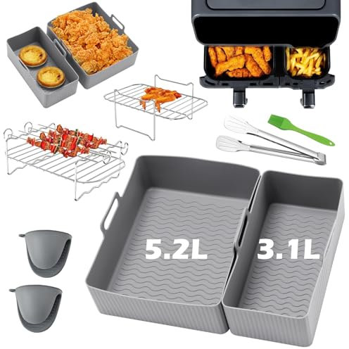 Putentfun Air Fryer Accessories Compatible for Tefal 5.2L/3.1L, Lakeland 5L/3L, Tower T17099 5.2L/3.3L, Salter 5.5L/3.5L,Air Fryer Liners & Rack, Kitchen Tongs, Oil Brush,Silicone Gloves - 12pcs Grey