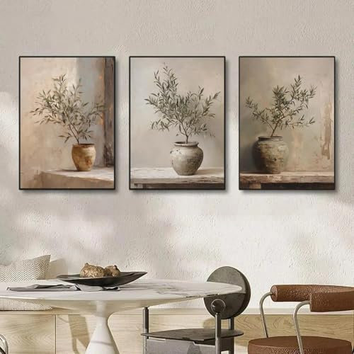 Rustikaler Vintage-Druck mit botanischen Bildern, Olivenbaum, Ficus in Vase, Gemälde, Vintage-Stillleben, Kunst, Leinwand, Poster, Heimdekoration, 60 x 90 x 3 cm, rahmenlos
