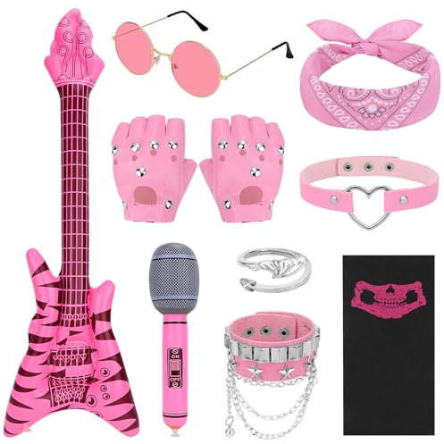 Dreamtop 10 Stück Rosa Punker Kostüm Zubehör Gothic Rocker Kit: Herren Damen Rock Star Punker Kit Aufblasbare Mikrofongitarre Rocker Kit