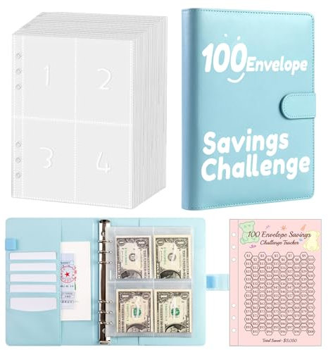 EnixwH 100 Envelope Saving Challenge, A5 Classeur Enveloppe Budget avec Challenge Tracker & Compartiments D'argent Pré-Numérotés, Classeur Economie Argent, Classeur Budget A5 pour Maison L'école