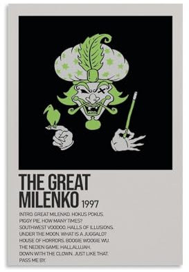 OREAUORN Poster, Motiv: Wahnsinniger Clown Posse The Great Milenko 1997, Leinwanddruck, ästhetisches Vintage-Poster, dekoratives Gemälde für Wohnzimmer, Schlafzimmer, 20 x 30 cm, ungerahmter Stil