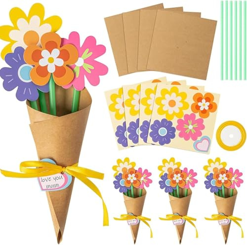 Set di 24 bouquet di fiori artigianali, carta per fiori fai da te 2025, kit per la festa della mamma, kit per la creazione di biglietti per bambini, fiori di carta per creare il tuo bouquet di fiori