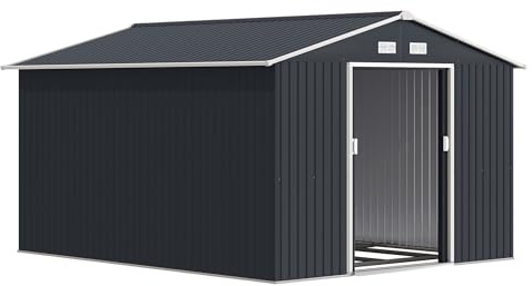 Outsunny Casetta da Giardino in Lamiera d'Acciaio 8.3 m², Capanno Porta Attrezzi con 4 Prese d'Aria, Fondazione e 2 Porte Scorrevoli, 277x322x192 cm, Grigio Scuro