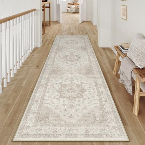 PureCozy Vintage Beige Teppich Flur Läufer 60x240cm Teppichläufer Boho Waschbarer Carpet Weich rutschfest Lang Teppiche Küche Schlafzimmer Bettvorleger Büro Kurzflor Tepich