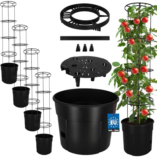 KOTARBAU® Tomatentopf mit Rankhilfe & Wasserspeicher ⌀ 39 cm, Tomatenturm | 4er Set Pflanztopf + Rankhilfe für Tomaten & Gurken, 153 cm hoch, Rankturm, Anzuchttopf aus Kunststoff, Schwarz