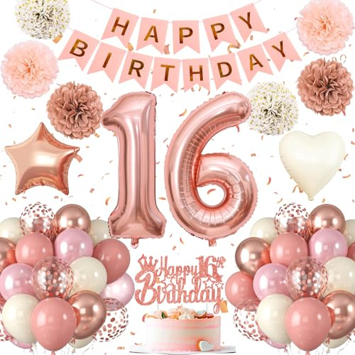 16.Geburtstag Dekoration,16 geburtstag Mädchen Rosa Rosegold,Geburtstagsdeko 16.,Luftballons 16.geburtstag Happy Birthday Girland Ballon 16 Deko zum Geburtstags,Geburtstagsdeko 16 Jahr