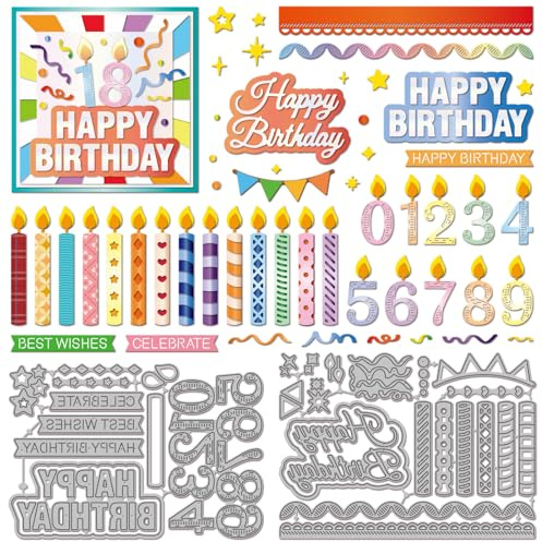 GLOBLELAND Happy Birthday Candles Cutting Dies Number Metal Die Cuts Lace Cutting Embossing Templates for Scrapbooking Crafts Paper Cards Making