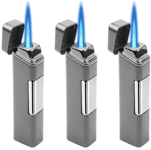 Jetflame Sturmfeuerzeug Metall - 3 Stück Winddichtes Feuerzeug Ohne Butan Gas, Gasfeuerzeug Nachfüllbar & Elektronisch, Starke Flamme für Outdoor/Kerzen/Grill/Geschenk (Grau)