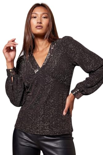 Roman Originals Sequin Trim Stretch Top for Women UK - Ladies Everyday Holiday Autumn Winter Pull-On V Neck Long Sleeves Comfy Soft Evening Vacation Work Party - Bronze - Size 18
