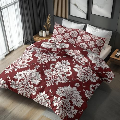 Generisch Rot Damast Bettwäsche 155x220 3tlg, 2 Kissenbezüge 80x80 - Ethno Blumen Design Wendebettwäsche, Weiche Mikrofaser Bettbezug mit Reißverschluss, Deko & Geschenke W100