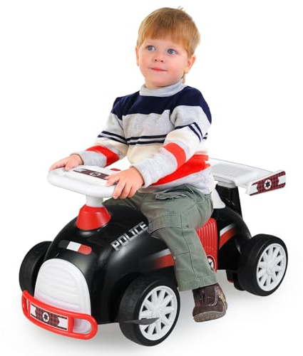 GOPLUS Rutschauto Kinder, Rutschfahrzeug Polizei mit Musik, Staurum unter dem Sitze & widerstandsfähigen Rädern, Kinderfahrzeug mit Hai-Motiv, Rutscher Auto für Kinder ab 1 Jahr (Schwarz)