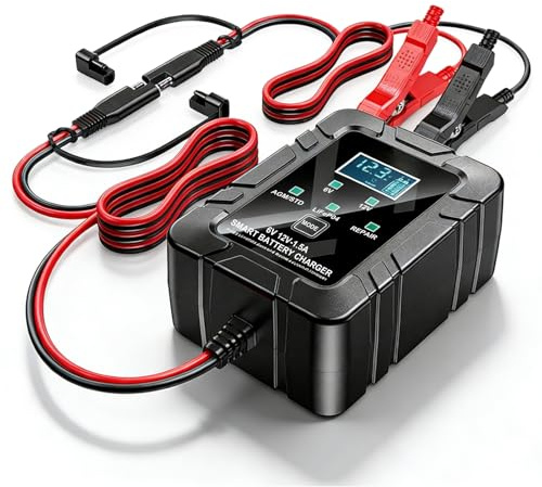 Chargeur de Batterie 6V 12V 1.5A, Chargeur de Batterie de Voiture avec Écran LCD, Mainteneur de Batterie, Chargeur d'entretien pour Voiture, Moto, Tondeuse à Gazon, Bateau, Camion (Prise UE)