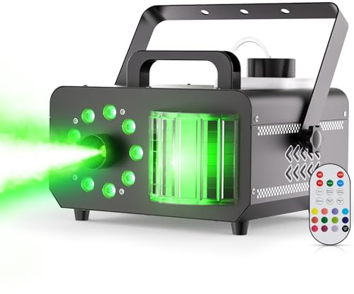 1200W Machine à Fumée avec Télécommande sans fil, Faisceaux 9 LED RGB Lumière de Fête 14 Couleurs Capacité de 1L Machine à Brouillard Portable Stroboscope pour Halloween Mariages Noël Scène