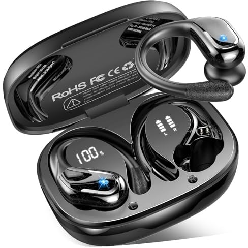 Cuffie Bluetooth Sport, 75 Ore Auricolari Bluetooth 5.4 con 4 ENC Mics, Stereo Cuffie Wireless Antirumore, IP7 Impermeabili Cuffiette Bluetooth con Display LED, Cuffie Senza Filo per Palestra/Running