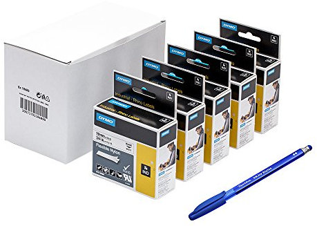 5 x Dymo 18489 Rhino Industrie Flexible Nylon Etiketten, selbstklebend, 19 mm x 3,5 m Rolle, schwarz Druck auf weiß + Papermate Kugelschreiber Geschenk