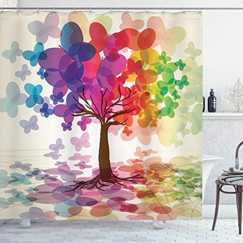 ABAKUHAUS Abstrakt Duschvorhang, Bunter Frühlingsbaum, mit 12 Ringe Set Stielvoll Modern, 175x200 cm, Beige Mehrfarbig