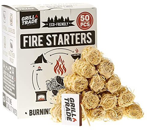 Grill Trade Accendifuoco | Accenditori naturali per caminetto, stufa a legna, falò, braciere, barbecue, camino, forno per pizza - Legno Naturale - Legno - 50 pz