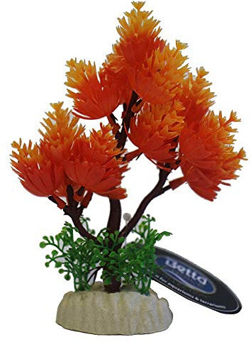 Orange & Green/Yellow Aquarium x2 Plastic Plant 6 Tree on Base