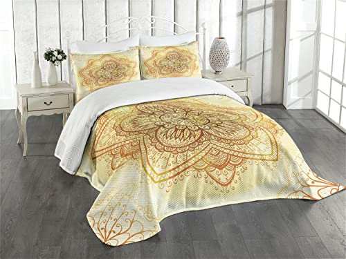 ABAKUHAUS orientalisch Tagesdecke Set, Künstlerische Alte Mandala, Set mit Kissenbezügen Kein verblassen, für Doppelbetten 264 x 220 cm, Dunkel Orange und hellgelb
