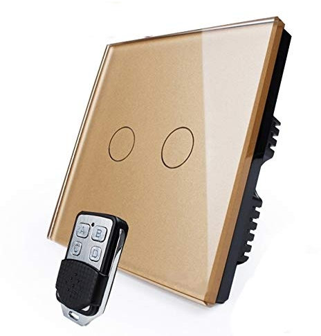 KONOQ Luxury Glass Panel Smart Touch Light Switch - Remote DIMMER (2 Gang / 1 Way, Gold)