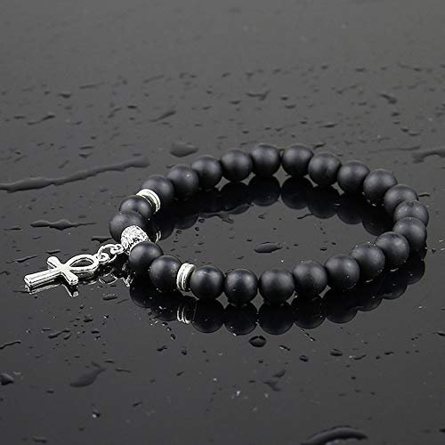 ADGJL Armband Perlen, 7 Chakra Natürlichen Schwarzen Gefrosteten Stein Perlen Armreif Elastisch Ankh Kreuz Anhänger Schmuck Yoga Armbänder Unbegrenzt Ätherische Öl Diffusor Männer Geschenk