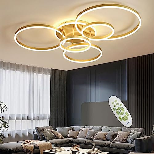 HYQJUNE LED Geometrie Design Deckenleuchte Moderne Dimmbare Deckenlampe Wohnzimmer Deckenlicht Für Schlafzimmer Esszimmer Acryl Esstisch Dekorative Hängelampe Beleuchtung 6 Ring,Gold