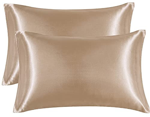 EHEYCIGA Satin Pillow Cases 2 Pack Khaki, Silky Pillowcases for hair and skin with Envelope Closure, Standard Size, 50x75 cm