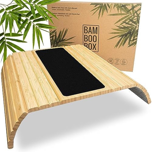 BAM BOO BOX Sofatablett aus Bambus - Flexibles Couch Tablett mit Armlehne - Neutraler Holzfarbton mit Bezug