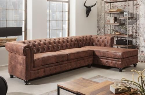 Casa Padrino Chesterfield Ecksofa Rechts Antik Braun - Microfaser Wohnzimmer Sofa - Chesterfield Wohnzimmer Möbel