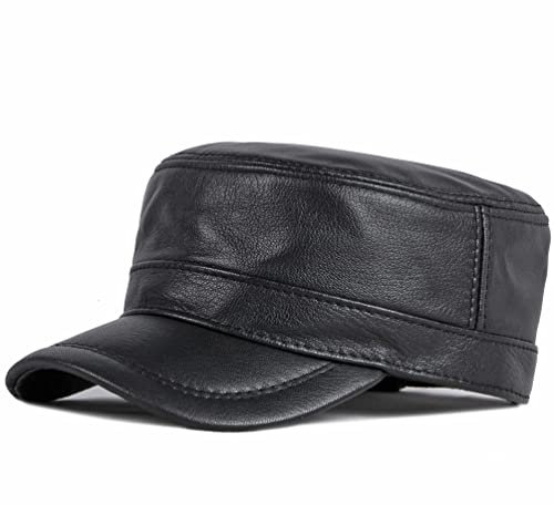 Herren Lammfell Leder Militär Caps Cadet Army Caps Flat Top Cap, Schwarz, Einheitsgröße