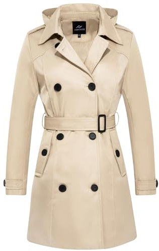 FARVALUE Trench imperméable à double boutonnage coupe-vent classique avec ceinture à revers et capuche amovible pour femme, kaki, X-Large