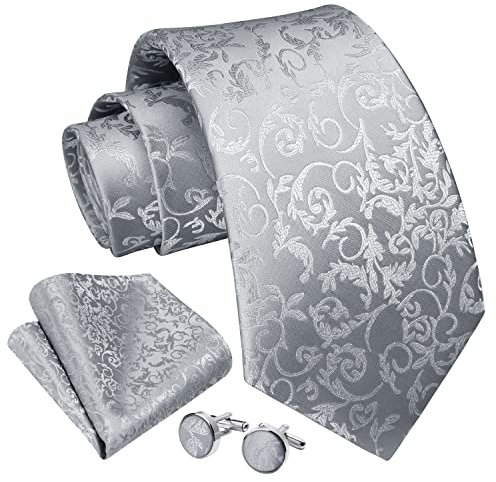 Enlision Grau Krawatte Herren Seide Hochzeit Krawatten und Einstecktuch mit Manschettenknöpfe Set Elegant Floral Einfarbig Seidenkrawatte mit Taschentuch Business Party