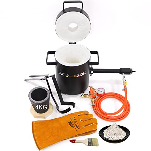 DEVIL-FORGE Horno Fundir Metales Gas Propano 4kg FB1Sb Full Kit,1 Quemador DFP (80.000 BTU), Crisol, pinzas para fundir, Guantes para fundición, 1450°C Plata Cobre Aluminio Latón