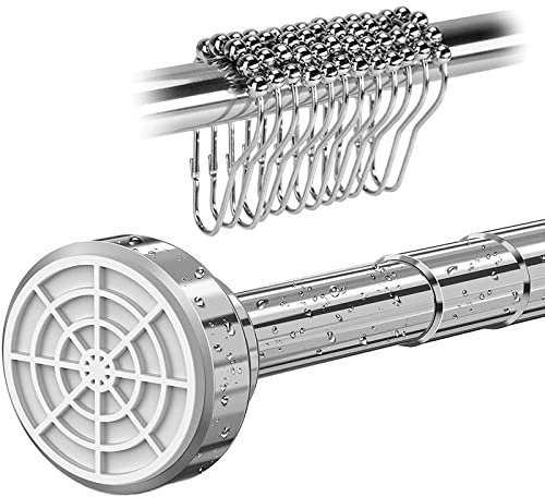 Barra telescópica para cortina de ducha, fijada firmemente sin taladrar, ajustable en longitud, se puede utilizar como barra de cortina de ducha, barra de tendedero, equipada con 12 anillos de ducha