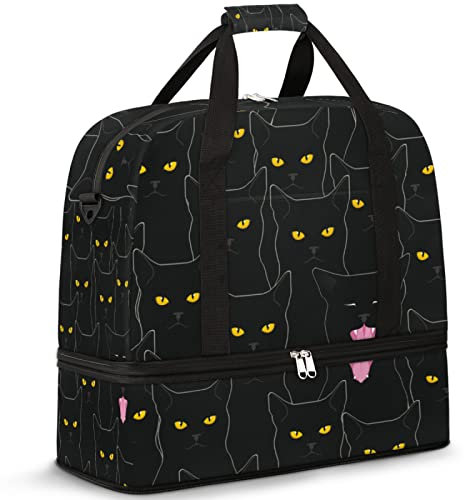 Reisetasche mit Nassfach und Schuhfach, coole schwarze Katzenfarbe, faltbar, Sporttasche, Turnbeutel, leicht, Wochenendtasche, Übernachtungstasche, Gepäck, Handgepäcktasche für Damen und Herren, 51 x