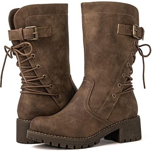 GLOBALWIN Women's Biker Boots Lace up Back Mid Calf Motorcycle Fashion Festival Boots Combat Riding Military Boots for Women Camel Size 7.5