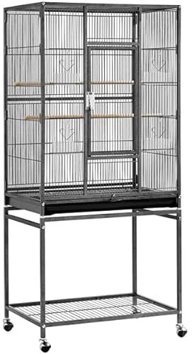 Abician Grande Cage à Oiseaux sur Pied en Métal, Cage d'élevage à roulettes avec Loquet Robuste, Étagère de Rangement, 136cm de Haut, Petits Oiseaux Noir
