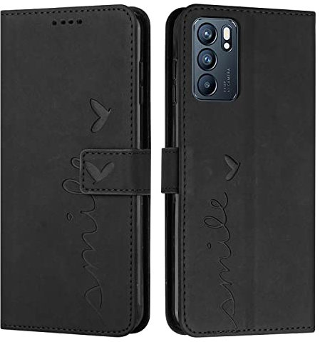 EATCYE Cover per Oppo Reno 6 5G, Flip Libro Libretto Custodia in Pelle PU per Oppo Reno 6 5G [Protezione Completa] [Slot per Scheda] [Funzione di Supporto] (#Nero)