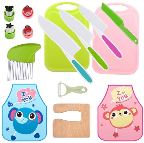 LANMANUO 15 PCS Kids Knife for Chopping Wooden Kitchen Knife Set for Toddler Plastic Children Cooking Knives with Potato Slicer, Cutting Board, Peeler,Fruit Cutters Shapes and Apron