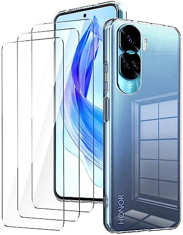 LYZXMY Cover per Honor 90 Lite 5G(6.7) TrasparenteCustodia + 3 Pezzi Pellicola Protettiva in Vetro Temperato, Ultra Sottile in Silicone Protettivo Bumper TPU Morbido Gel Case