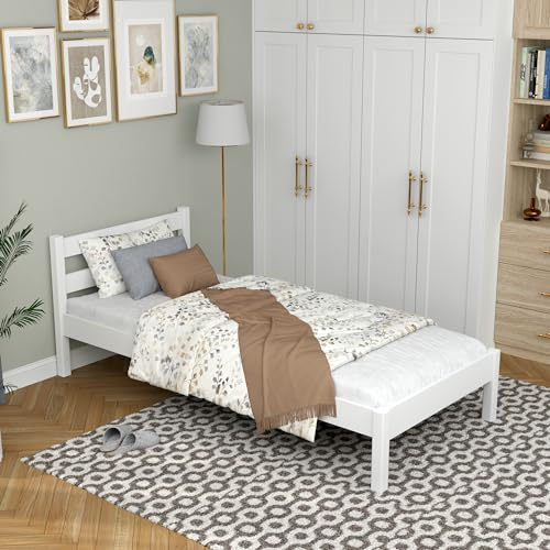 N-wood N01 Bett 90x190 cm aus Holz, Bettgestel mit lattenrost, Einzelbett für Kinder, Jugendliche und Erwachsene, sichere abgerundete Kanten, Stabile Massivholzkonstruktion, Weiß