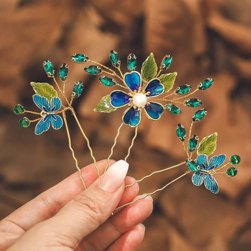 IYOU Barocke Hochzeit Haarnadeln Grün Blume Braut Haarteil Schmetterling Blätter Gast Prom Brautjungfer Haarschmuckfür Frauen(3 Stück)