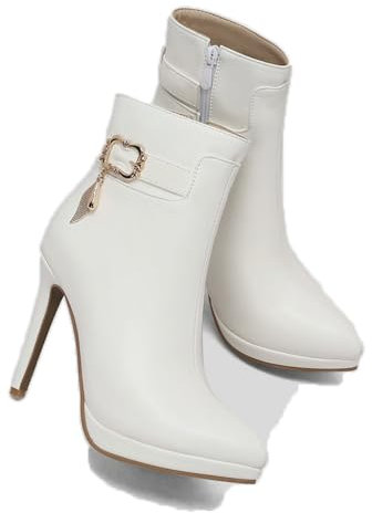 Tronchetti con Tacco A Spillo Cerniera A Punta Stivaletti Invernali Tacco Alto Stivali Bassi con Fibbia per Donna,Bianca,37 EU