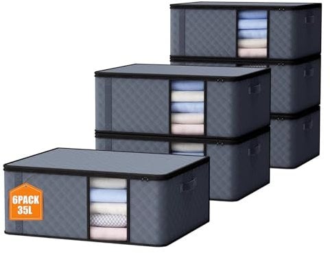 Auveir 6 Stück 35L Aufbewahrungstasche, Aufbewahrungsbox mit Deckel, Große Kleideraufbewahrung Umzugskartons, Faltbare Aufbewahrung Boxen für Bettdecken Decken Kleidung Unterbett Kleiderschrank
