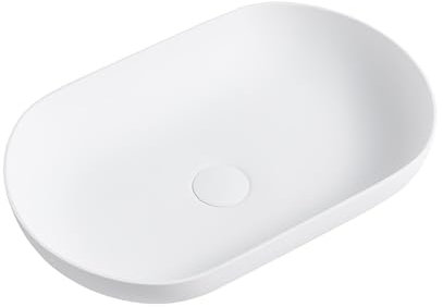Lavabo da appoggio ovale in bianco opaco, 54 x 34 cm, in ghisa minerale durevole, lavabo senza foro per rubinetto e troppopieno, design elegante e moderno, con valvola di scarico in bianco opaco