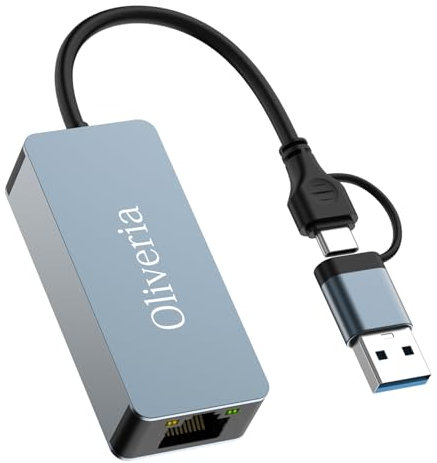 Oliveria Adaptateur réseau USB LAN 2,5 G, 2 en 1 USB-C Ethernet, 100/1000/2500 Mbps, Adaptateur LAN pour iPhone, iPad, MacBook, Tablette