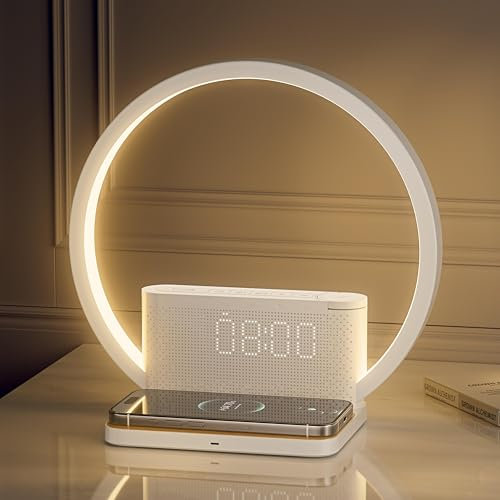 RETEYUNG Lampada da comodino con funzione di ricarica,caricatore wireless da 10W,Sveglia Con Luce,Wake Up Light,10 Suoni Natura,Touch Dimmerabile,3 livelli di luminosità,Adatto per camera da letto.