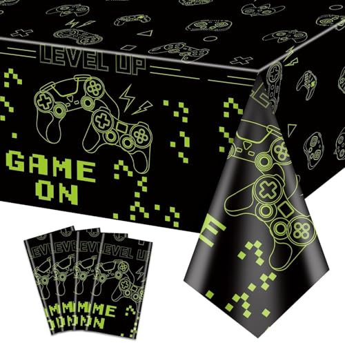 PTECDROTS 4Pcs Game On Tablecloths, Green Video Game Party Table Covers, Rectangular Table Decoration for Boys Game Level Up Gaming Party Supplies,130 x 270 cm
