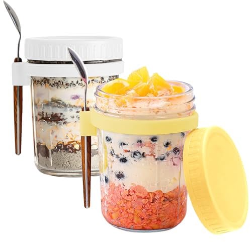 FePen Overnight Oats Jars, 2 Piezas 350ML Frascos de Vidrio con Tapa, Porta Yogur, Taza de Cereales para Llevar, Tarros de Avena Nocturna con Tapas y Cuchara,Vaso Portátil de Yogurt